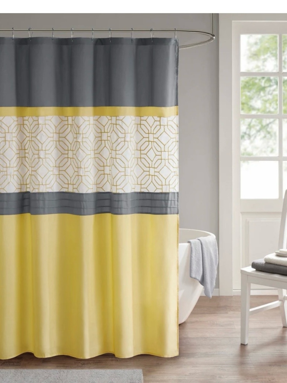 Yellow and Gray Donnell Geometric Stripe Shower Curtain